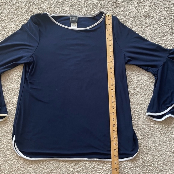 Coco Bianco Dark Blue Top - Round Neck Bell Sleeves, With White Trim Size Large - Picture 6 of 9